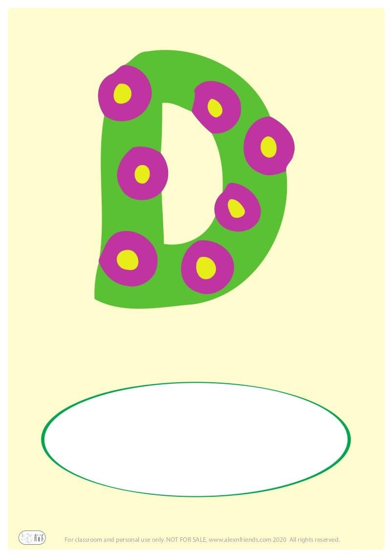 Free printable cover for kids' personal booklet with latin letter D.