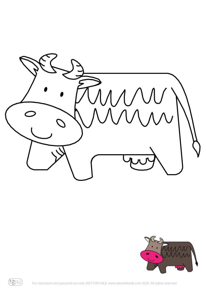 Learning activity for kids. Free printable coloring page of a cow