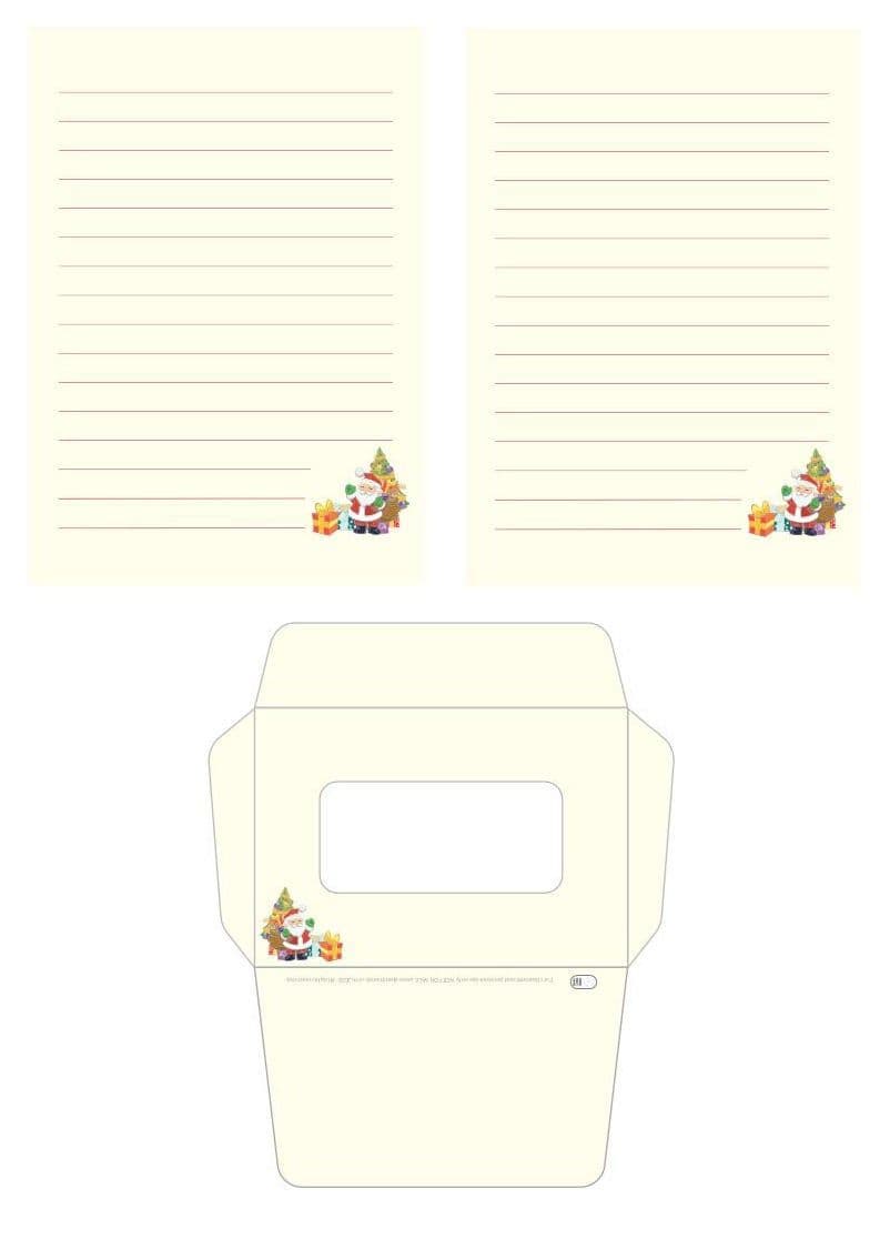 Free printable writing paper with envelop. Santa Claus with presents. Christmas tree.
