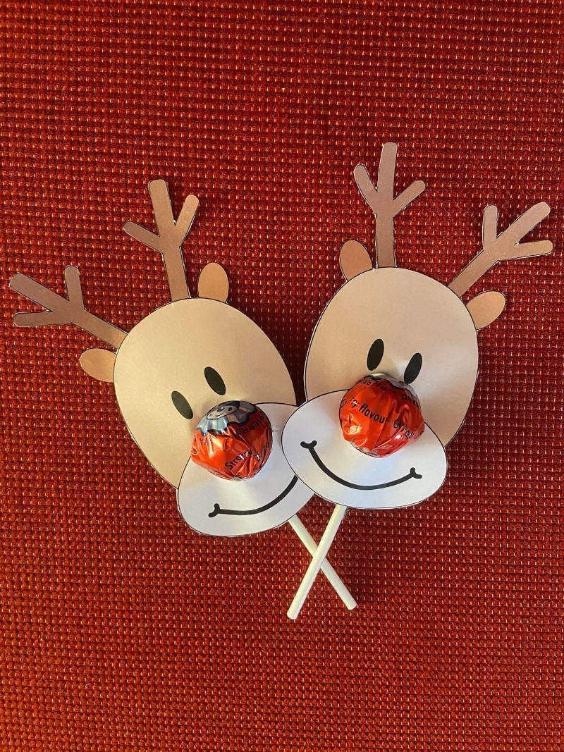 Free printable craft for kids for the holidays. Christmas and New Year's. Rudolf red nose lollipop reindeer.