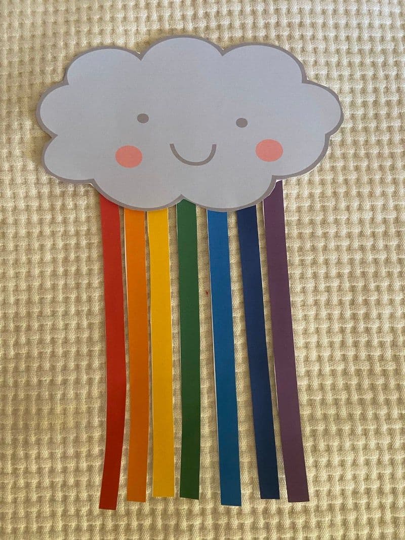 Paper cloud rainbow craft for preschoolers with free printable material.