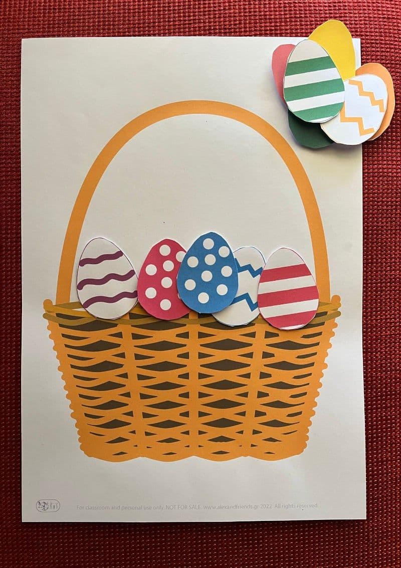Craft. Free printable page for Easter for kids. Basket with eggs. Learning to count.