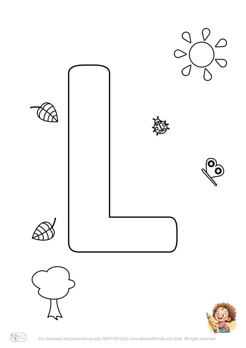 Letter L. Printable English alphabet coloring pages for children learning letters