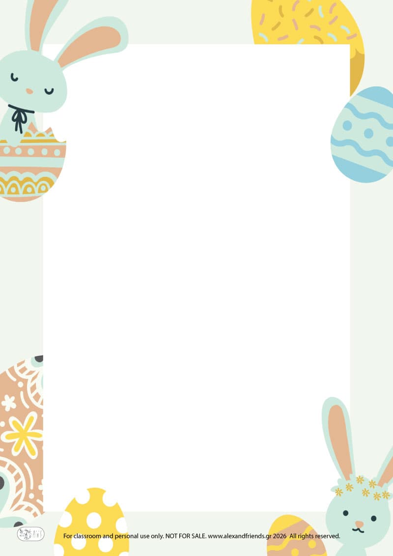 Bunnies and Easter eggs. Printable Easter writing paper for kids with festive spring designs