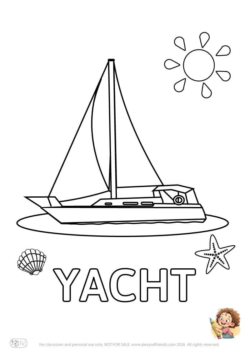 Letter Y - YACHT. Printable English alphabet coloring pages for children learning letters