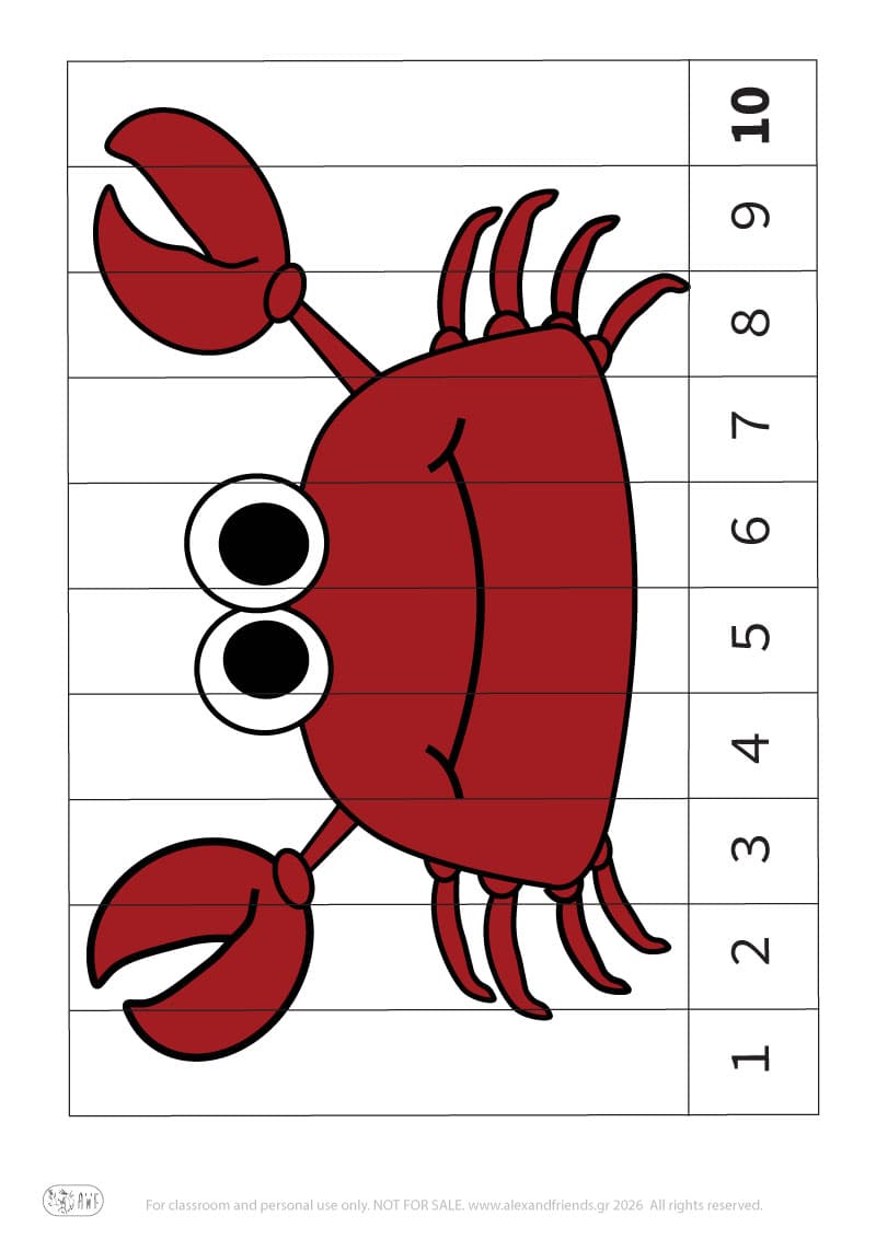 Crab. Printable educational number puzzle. Learn numbers activity for kids