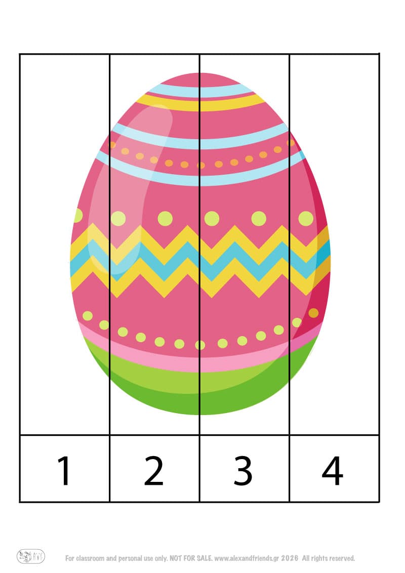 Easter Egg- numbers 1-4. Colorful Easter number puzzle printable for preschool children learning numbers