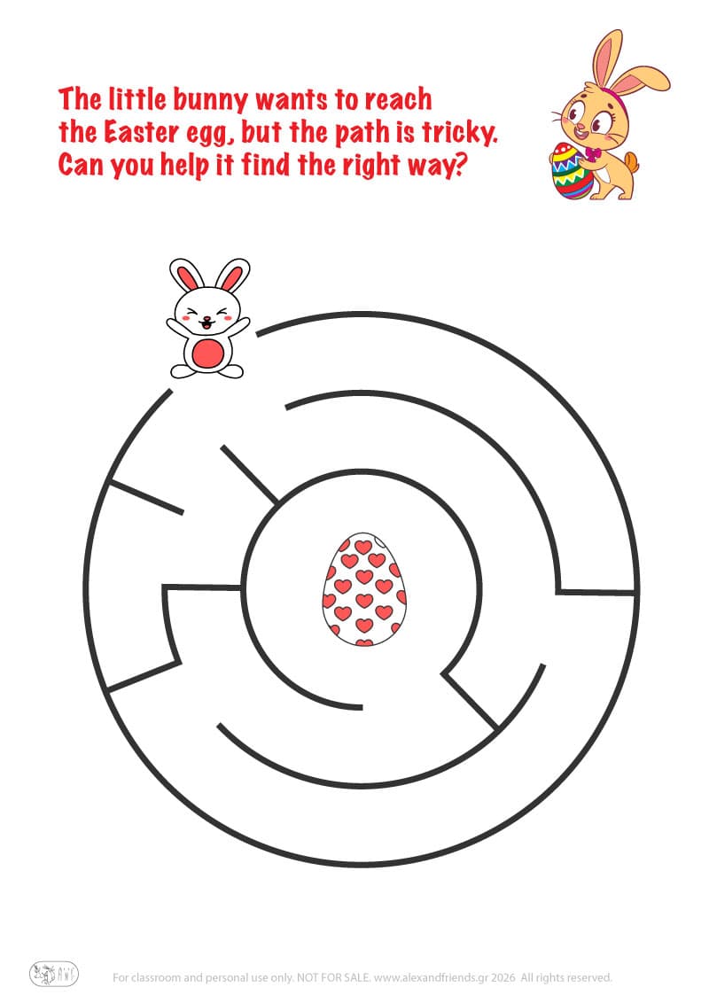 Bunny and Easter egg. Easter maze worksheets for kids 
