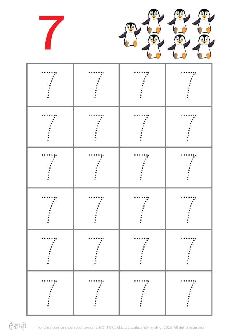 Προγραφική - Αριθμός 7. Δραστηριότητα γραφής αριθμών για νηπιαγωγείο, εκπαιδευτικό φύλλο εργασίας αριθμών
