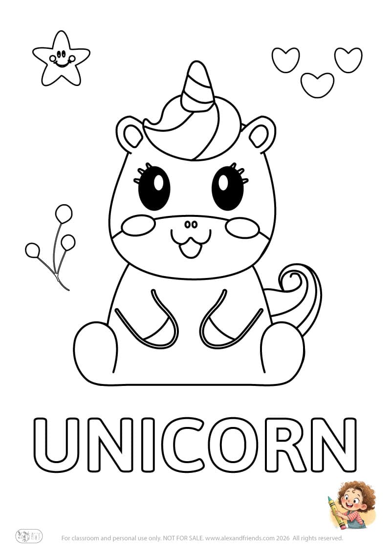 Letter U - UNICORN. Printable English alphabet coloring pages for children learning letters