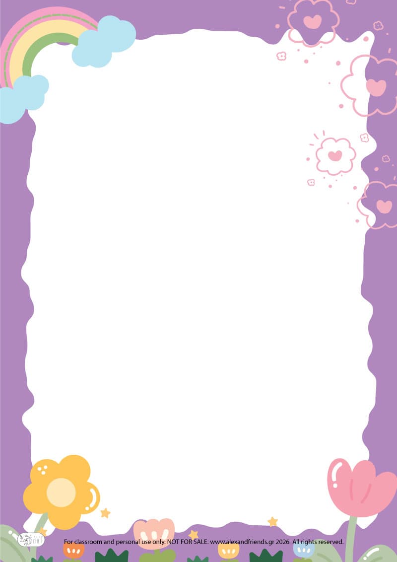 Flowers and rainbow. Printable Easter writing paper for kids with festive spring designs