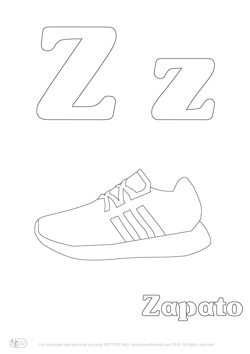 Εκμάθηση της Iσπανικής αλφάβητου για παιδιά. Δωρεάν εκτυπώσιμο φύλλο ζωγραφικής με το γράμμα Z z και παπούτσι