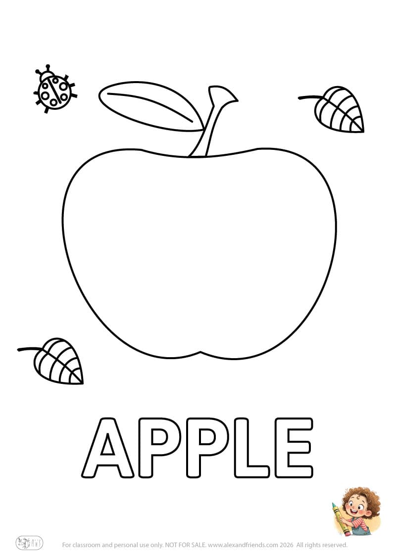 Letter  A -  APPLE. Printable English alphabet coloring pages for children learning letters