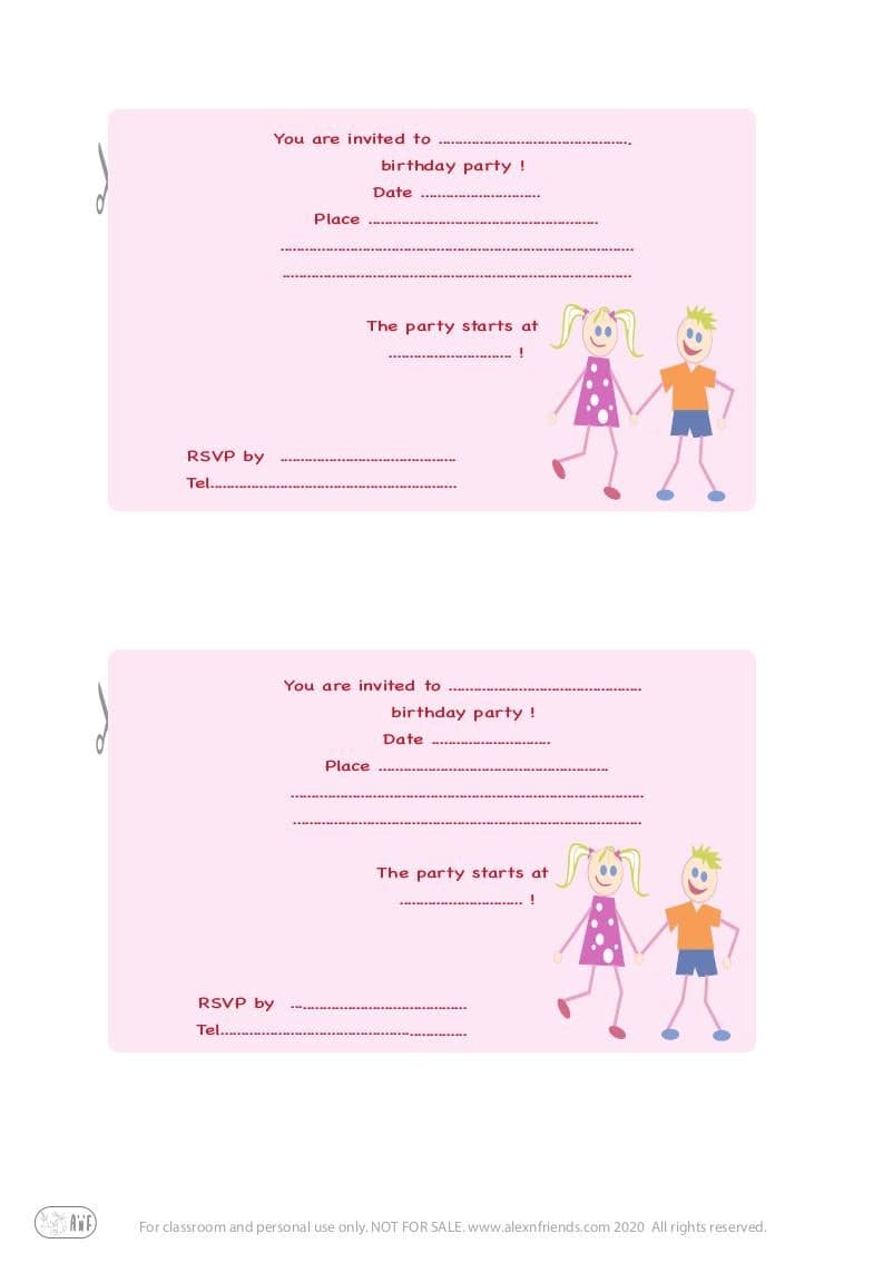 Free printable birthday invitation in english with happy boy and girl in pink background.