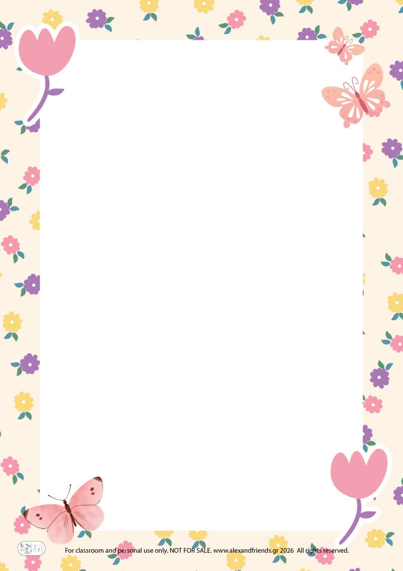 Flowers and butterflies. Printable Easter writing paper for kids with festive spring designs