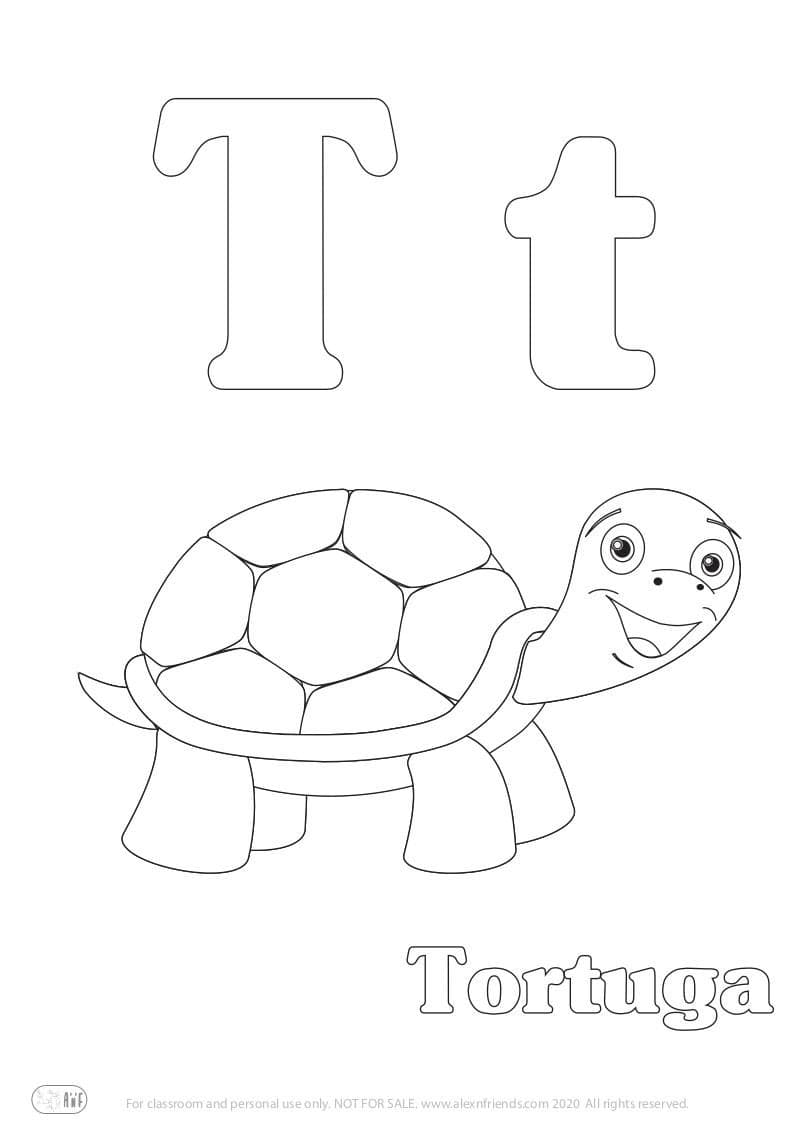 Learning Spanish alphabet for kids. Free printable coloring page with letter T t and turtle