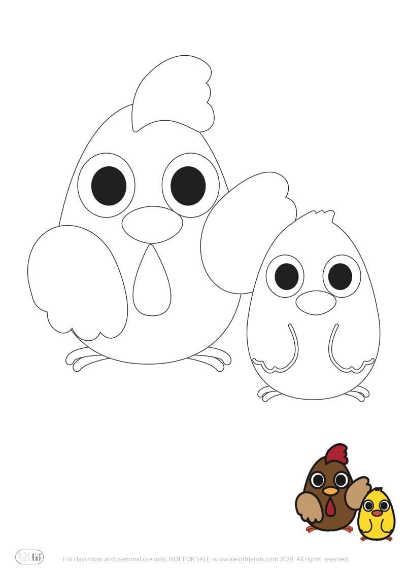 Free printable coloring page for Easter for kids. Chicken and chick. 