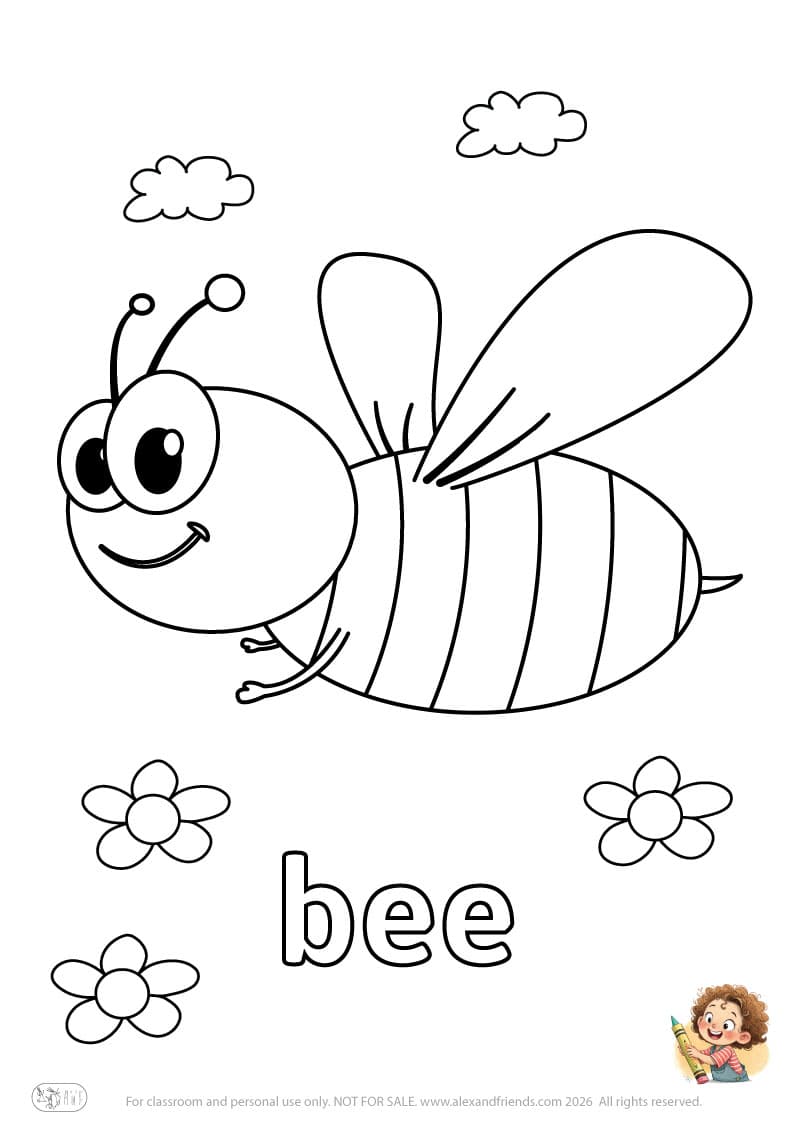 Letter b - bee. Printable English alphabet coloring pages for children learning letters
