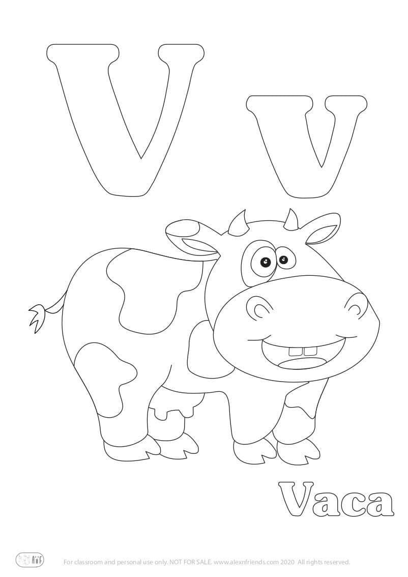 Learning Spanish alphabet for kids. Free printable coloring page with Letter V v and cow