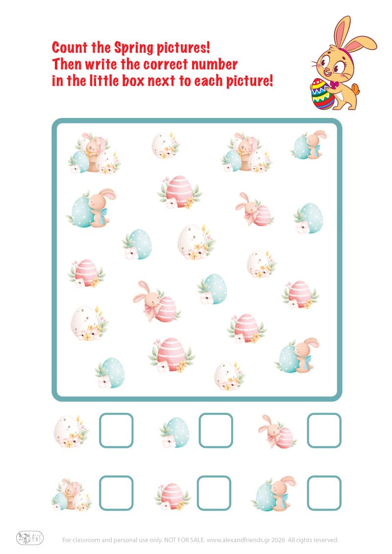 Count the pictures. Printable Easter preschool worksheet 