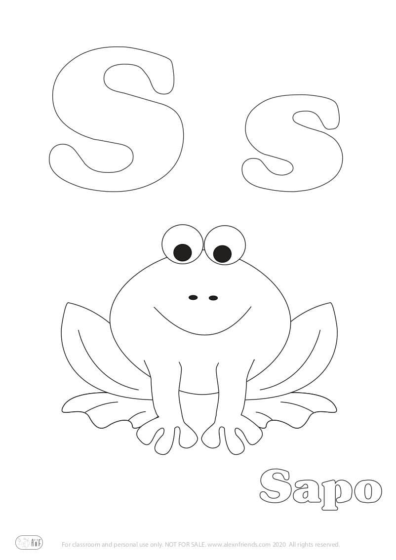 Learning Spanish alphabet for kids. Free printable coloring page with letter S s and frog