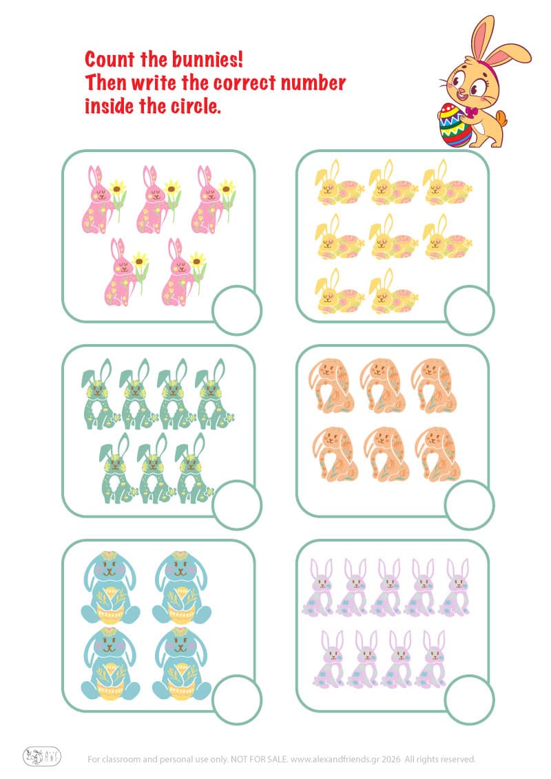 Count the bunnies. Printable Easter preschool worksheet 