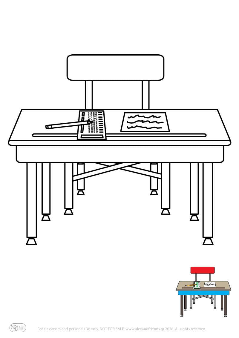 Εκπαιδευτική δραστηριότητα για παιδιά. Δωρεάν εκτυπώσιμο φύλλο ζωγραφικής με θρανίο