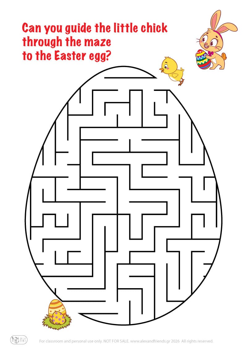 Chick and Easter egg. Easter maze worksheets for kids 