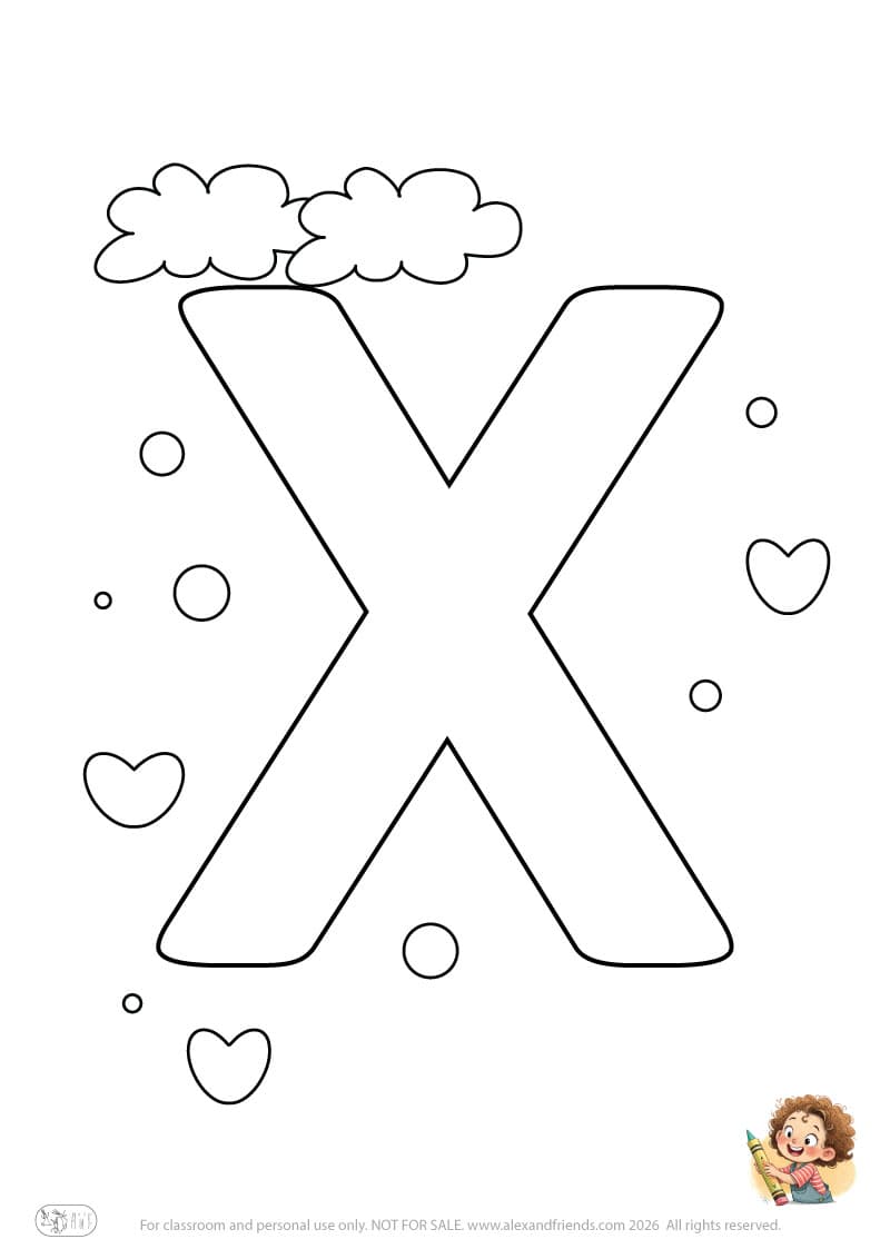 Letter X. Printable English alphabet coloring pages for children learning letters
