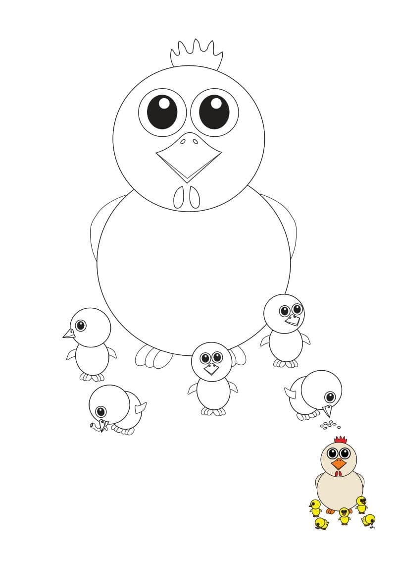 Free printable coloring page for Easter for kids. Chicken and chicks.