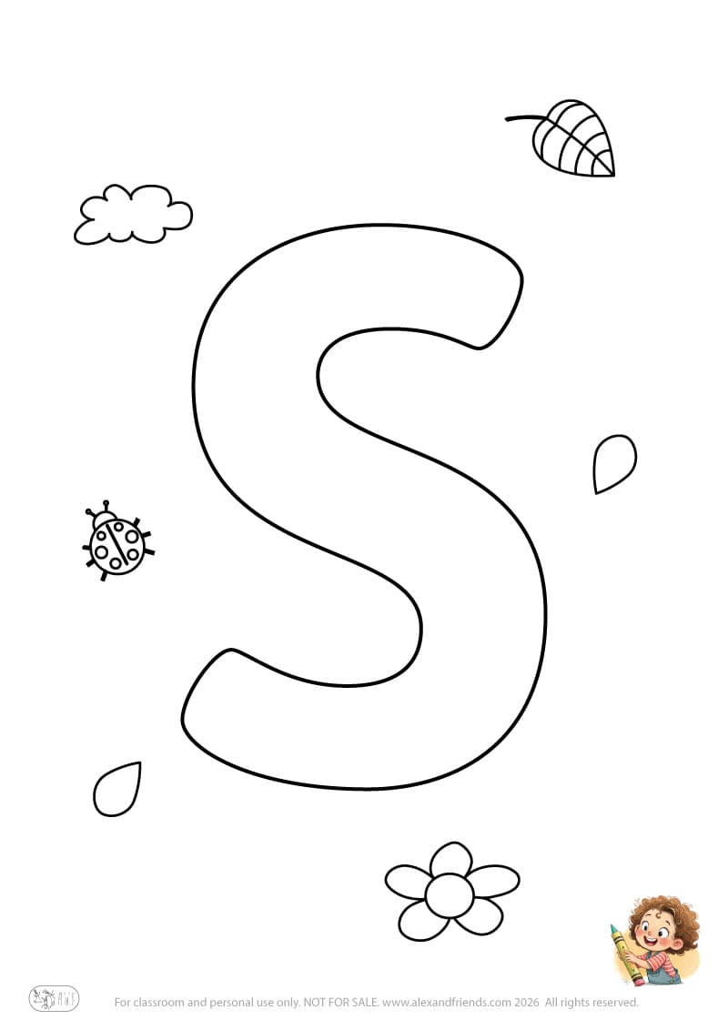 Letter S. Printable English alphabet coloring pages for children learning letters