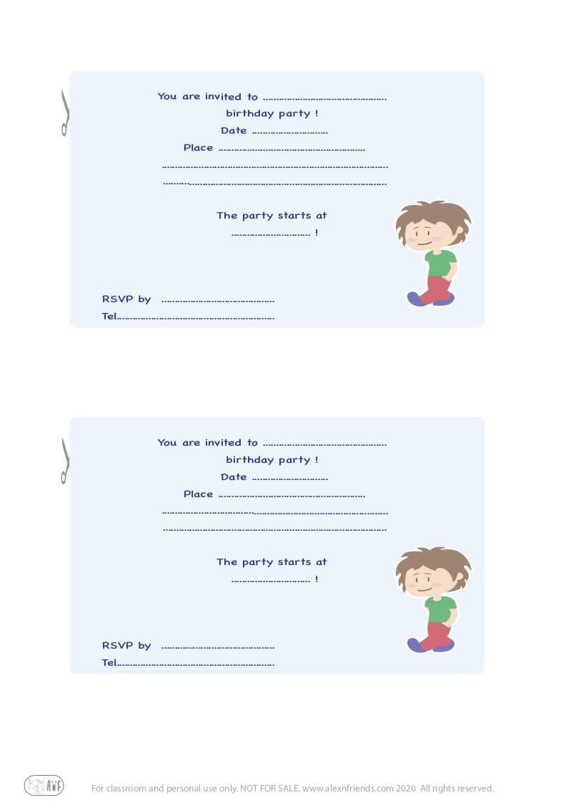 Free printable kid's birthday invitation in english with brown haired boy in light blue background.