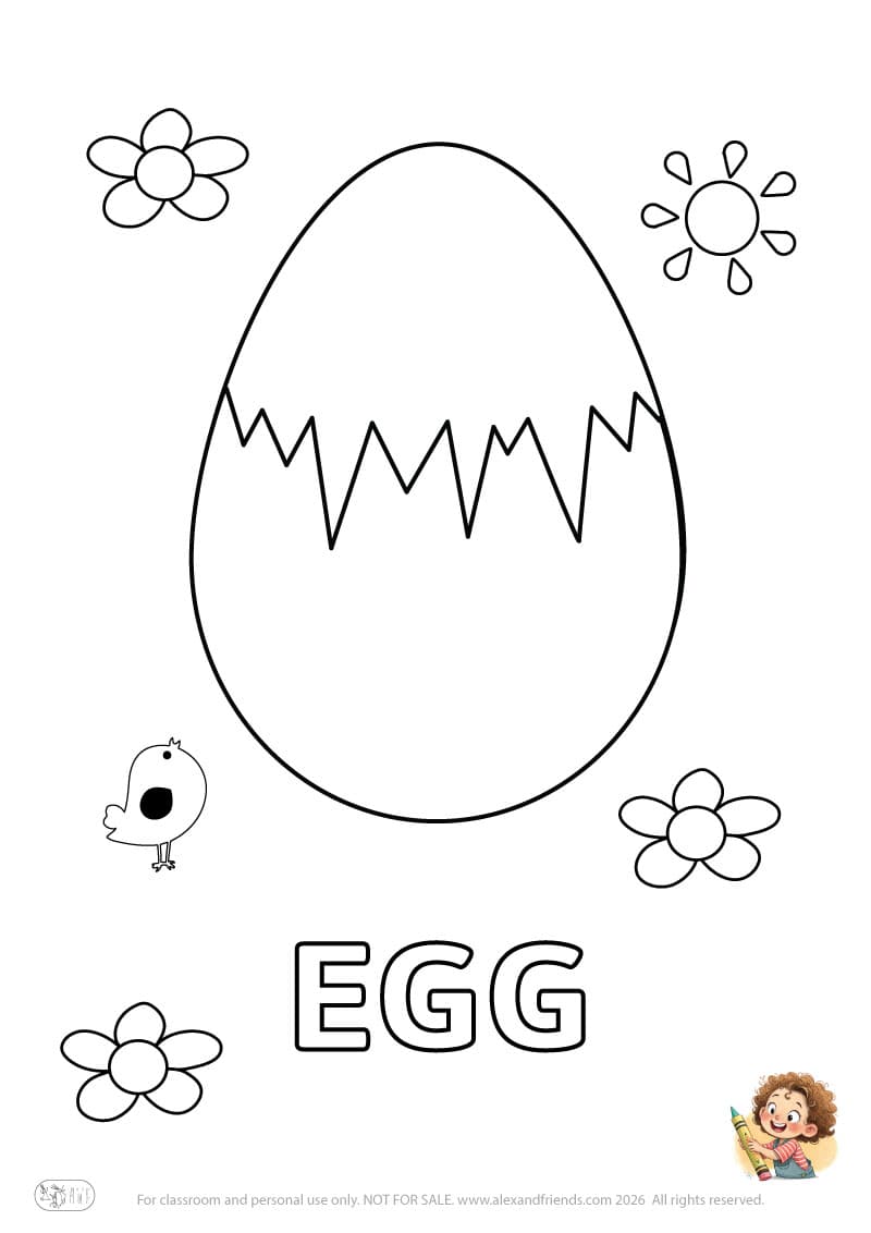 Letter E - EGG. Printable English alphabet coloring pages for children learning letters