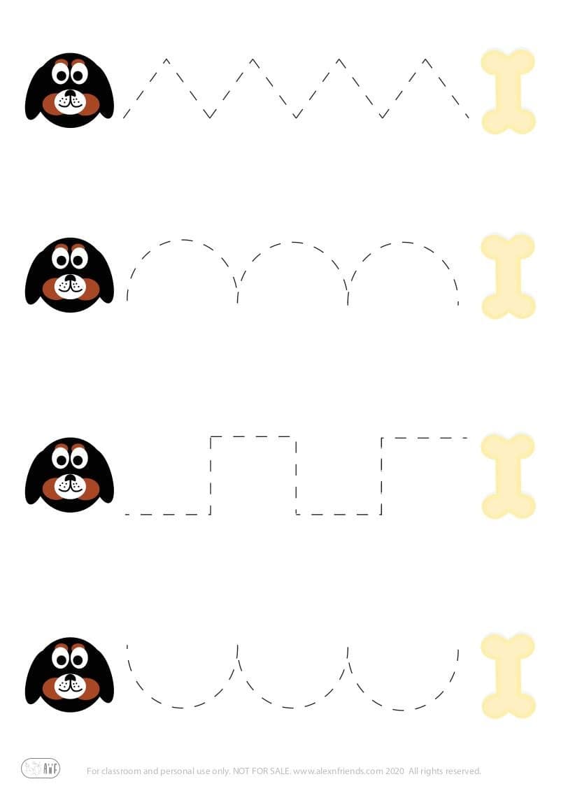 Pre-writing exercise for preschoolers with dog and bone
