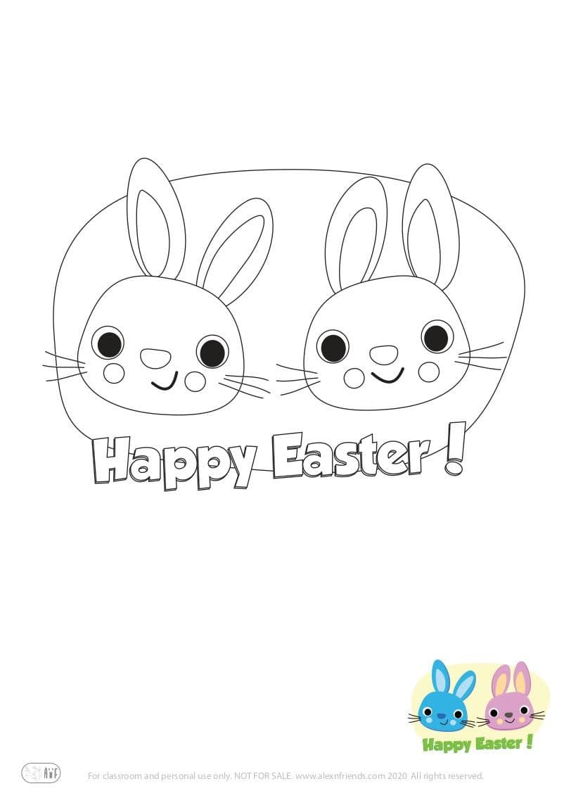 Free printable coloring page for kids for Easter. Bunnies and Happy Easter.
