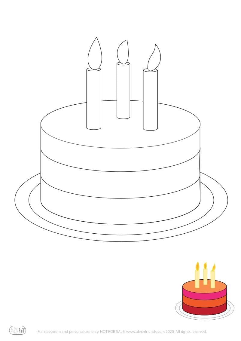 Learning activity for kids. Free printable coloring page of a cake with candles