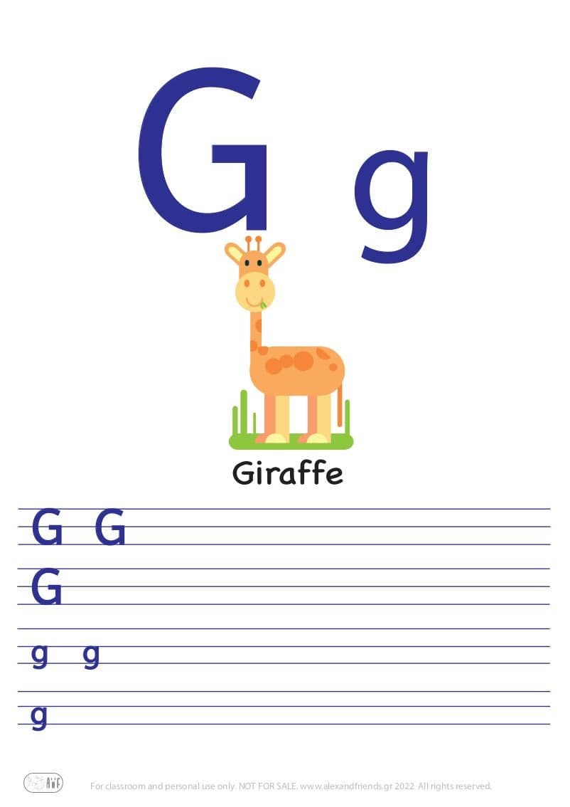 English alphabet. Free printable writing exercise for the letter G g and a giraffe.