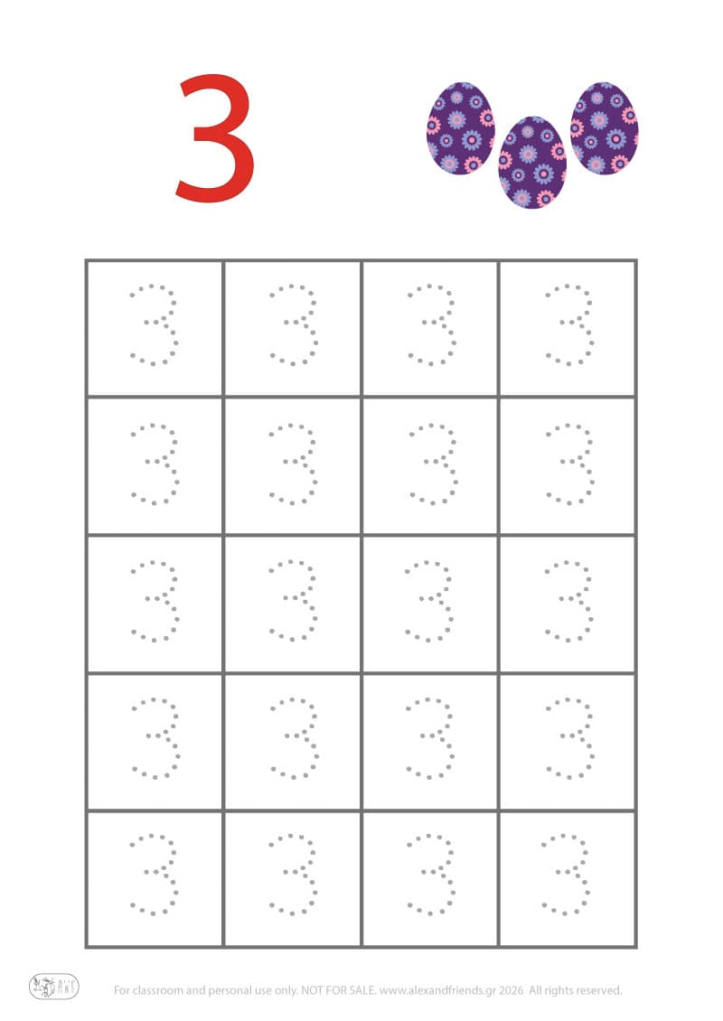 Number 3. Easter pre-writing number worksheets for kids