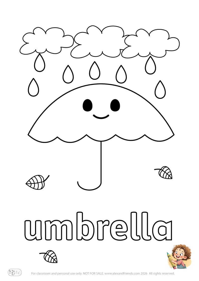 Letter u - umbrella. Printable English alphabet coloring pages for children learning letters