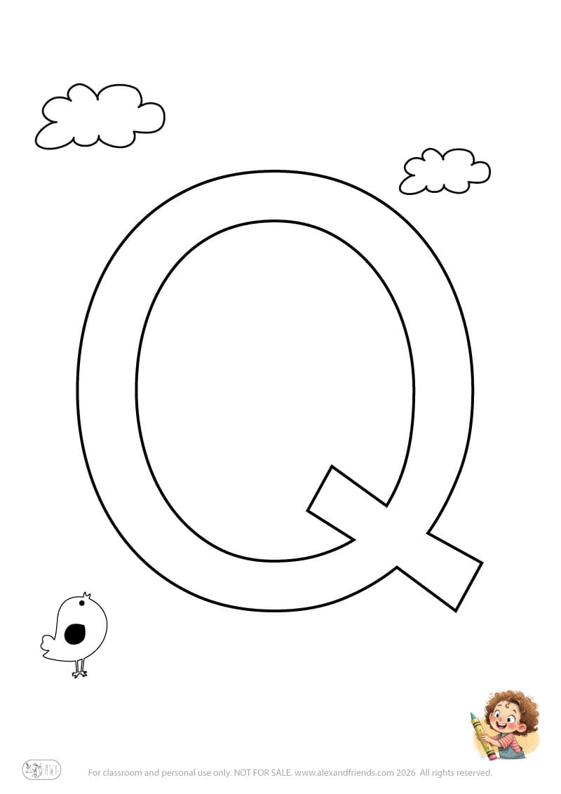 Letter Q. Printable English alphabet coloring pages for children learning letters