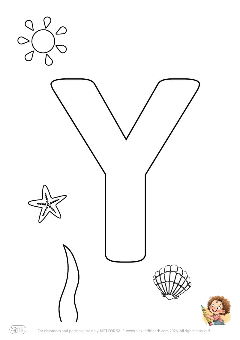 Letter Y. Printable English alphabet coloring pages for children learning letters