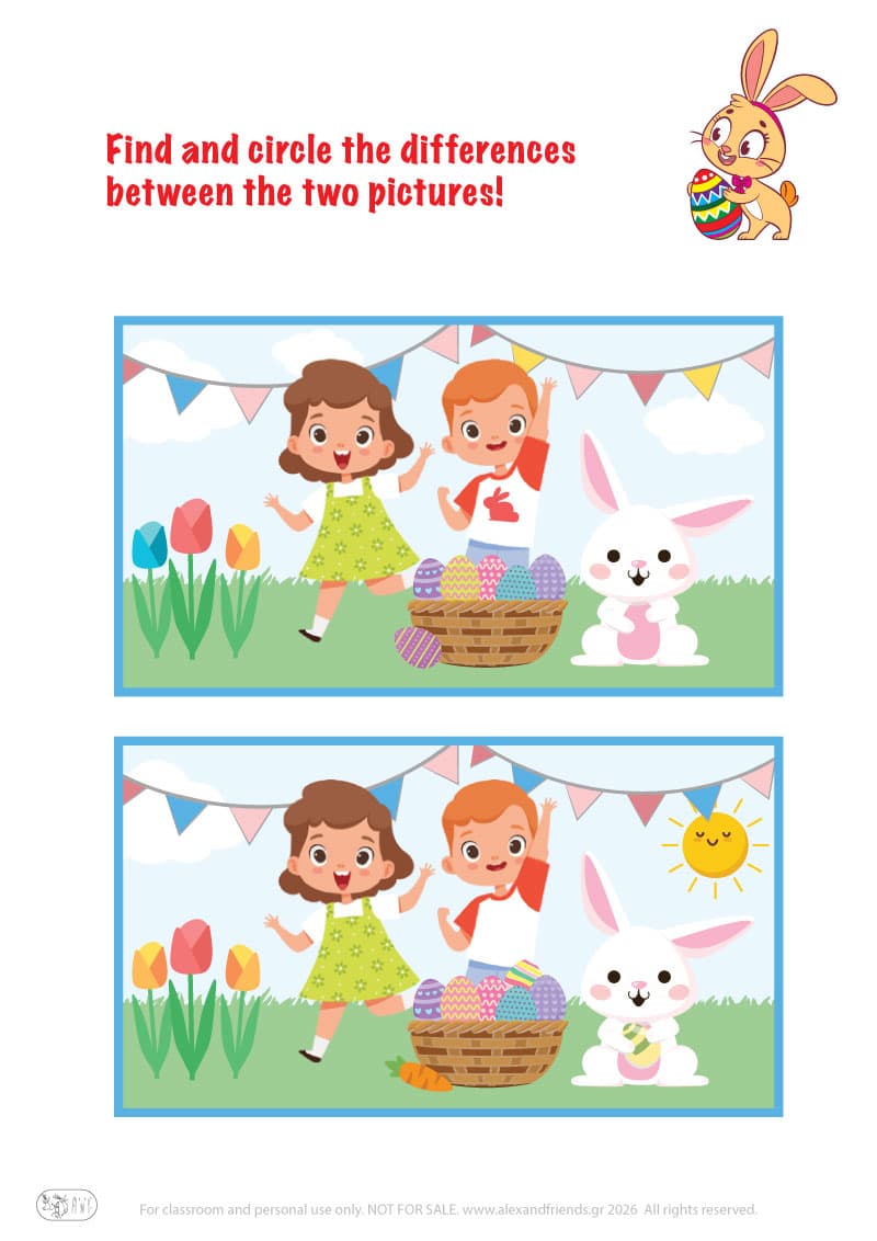 Find the differences. Printable Easter preschool worksheet 