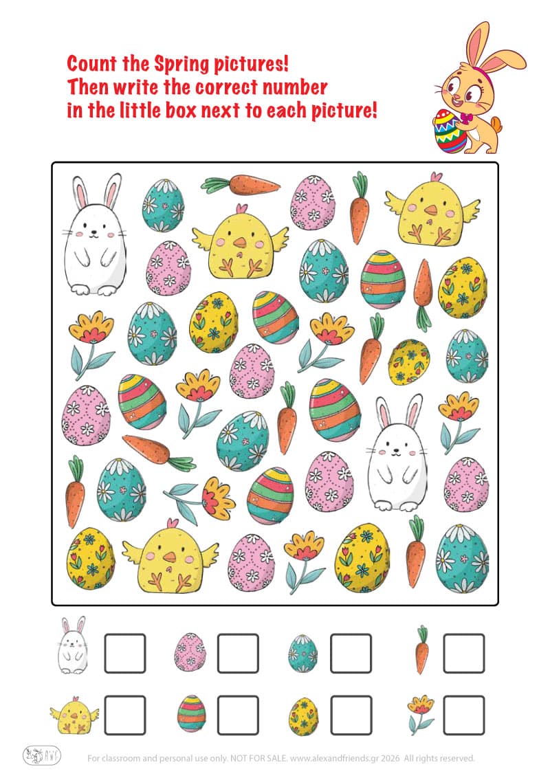 Count the pictures. Printable Easter preschool worksheet 