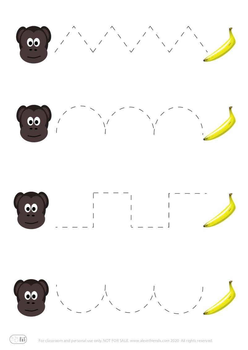 Pre-writing exercise for preschoolers with monkey and banana