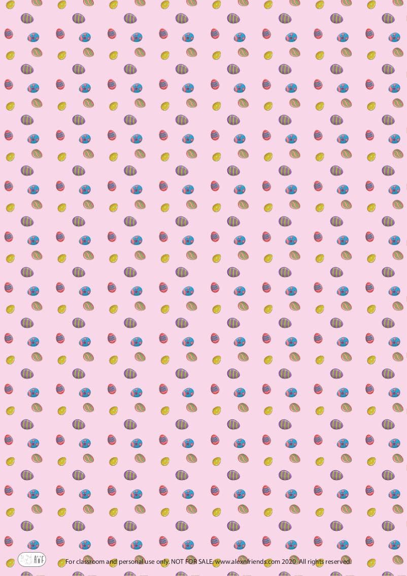Free printable wrapping paper for Easter with Easter and spring motifs. Easter eggs in pink background.