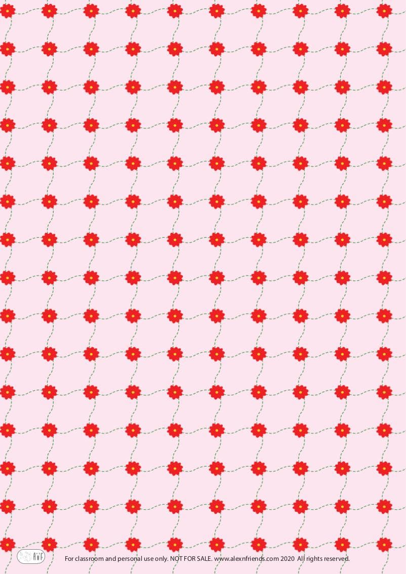 Free printable wrapping paper for Easter with Easter and spring motifs. Red flowers in pink background.