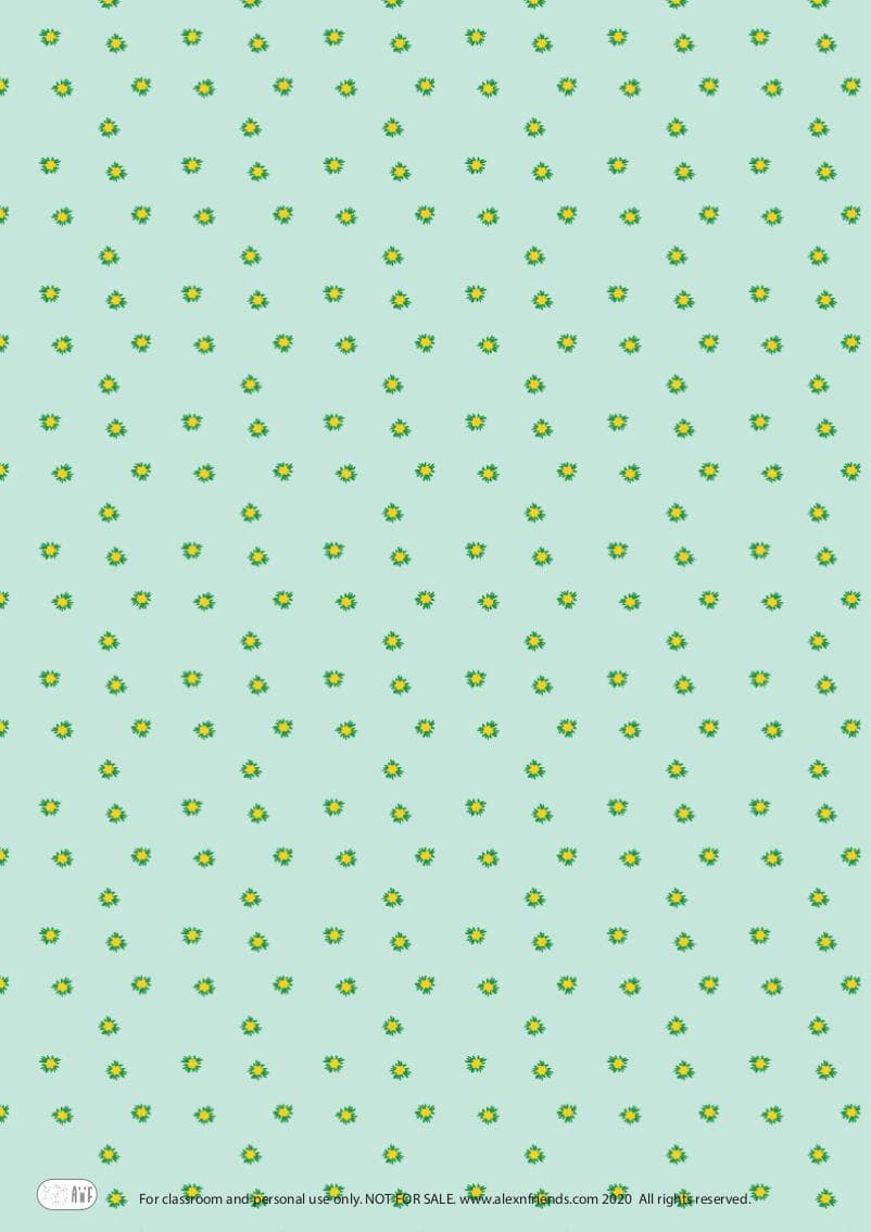 Free printable wrapping paper for Easter with Easter and spring motifs. Flowers in green background.