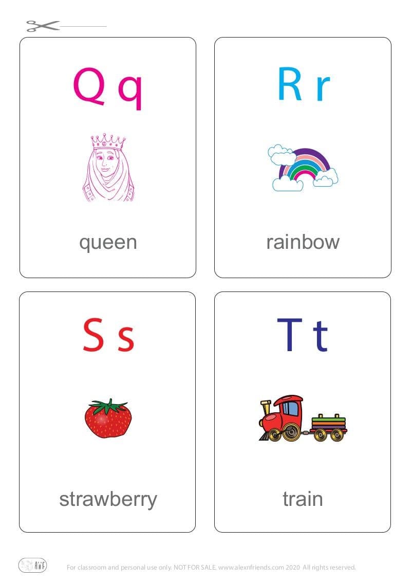 Learning english alphabet for kids. Free printable flash card with letters Q q, R r, S s, T t and queen, rainbow, strawberry, train