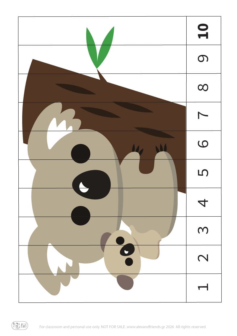 Koala. Printable educational number puzzle. Learn numbers activity for kids