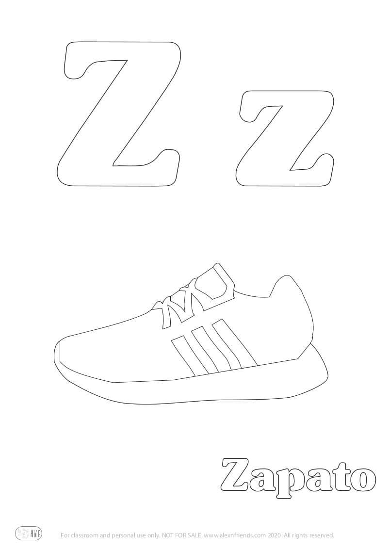 Learning Spanish alphabet for kids. Free printable coloring page with letter Ζ z and shoe